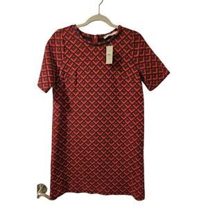 NWT LOFT Geometric Jacquard Shift Dress MP Navy Red Orange Textured Short Sleeve